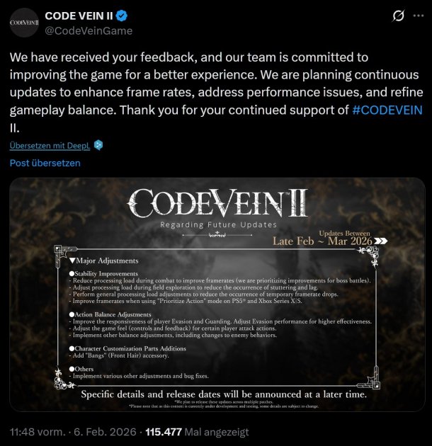 Bandai Namco kündigt Updates für Code Vein 2 an
